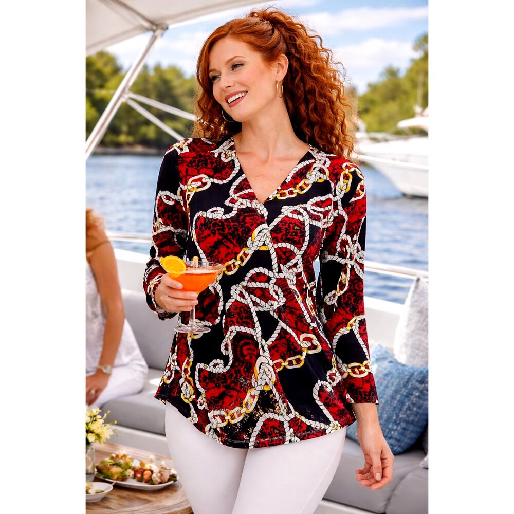 Shavonne Dorsey Chain/Rope Print Asymmetrical Blouse Red/Black L